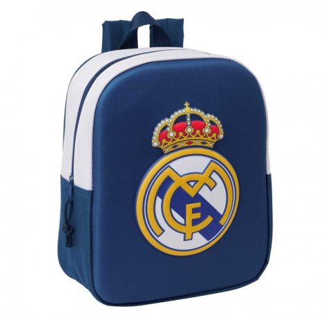 Safta Real Madrid Mochila Guarderia 3D de 6L - Asa de Mano Superior - Asas Regulables y Acolchadas - Cierre de Cremallera - 22x27x10cm - Color Blanco y Azul