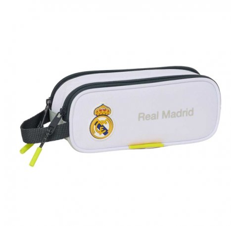 Safta Real Madrid Estuche Portatodo de 1L - 2 Compartimentos - Cierre de Cremallera - Asa de Mano - 21x8x6cm - Color Blanco y Negro
