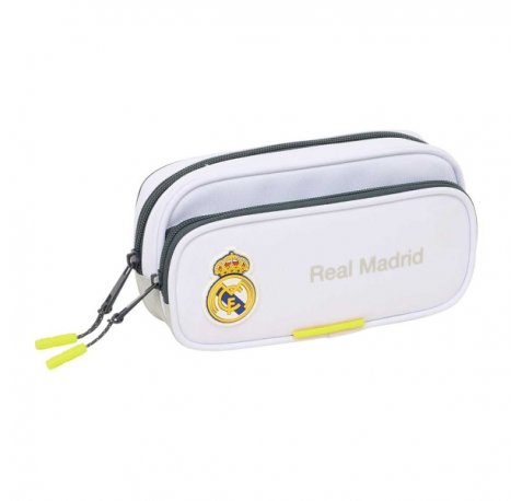 Safta Real Madrid Estuche Portatodo de 1.3L - 2 Compartimentos - Bolsillo Lateral - Cierre con Cremallera - 21x10.5x6cm - Color Blanco y Negro