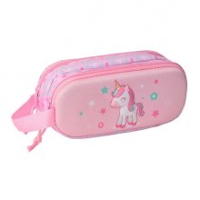 Safta Unicorn Estuche Portatodo 3D de 1L - 2 Compartimentos - Cierre de Cremallera - Asa de Mano - 21x8x6cm - Color Rosa Pastel