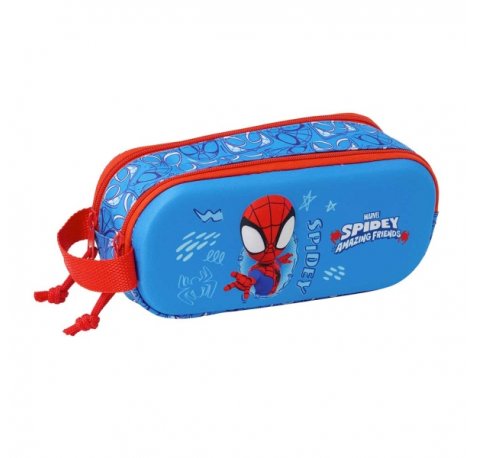Safta Spidey Estuche Portatodo 3D de 1L - 2 Compartimentos - Cierre de Cremallera - Asa de Mano - 21x8x6cm - Color Rojo y Azul