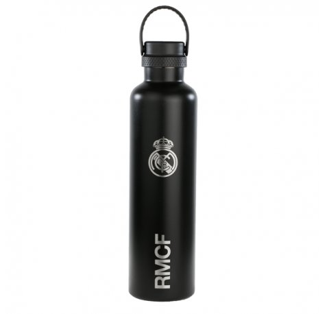 Safta Real Madrid Botella Reutilizable 1L - Doble Pared - Base de Silicona - Acero Inoxidable - Tapon a Rosca con Asa - 12H Caliente / 24H Frio - 31.5x8.4x8.4cm - Color Negro