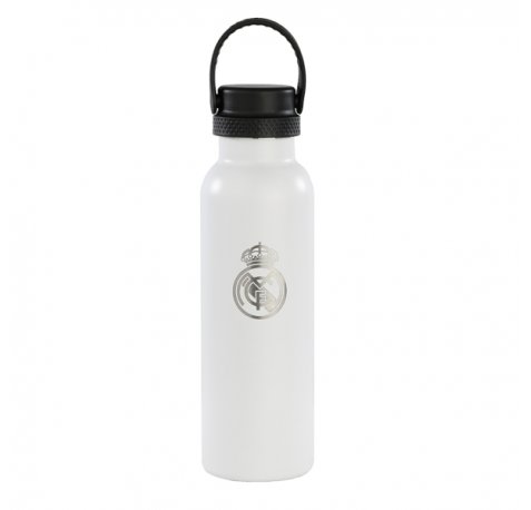 Safta Real Madrid 1ª Equipacion 24/25 Botella Reutilizable 600ml - Doble Pared con Aislamiento - Base de Silicona - Conserva Temperatura 12h Caliente / 24h Caliente - 25x7.3x7.3cm - Color Blanco/Negro
