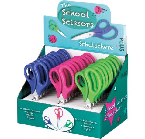 Plus Expositor con 24 Tijeras Escolares 14.5cm - Punta Redondeada - Ergonomicas - Colores Surtidos