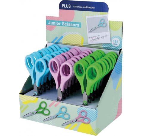 Plus Junior Expositor con 24 Tijeras Escolares 15.5cm - Punta Ligeramente Redondeada - Colores Surtidos