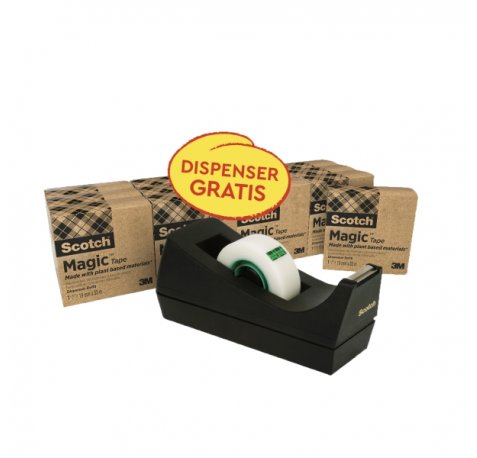 Scotch Magic Pack de 14 Cintas Adhesivas - 66% Adhesivo Vegetal - 19mm x 33m - Promocion Dispensador Gratis - Color Negro