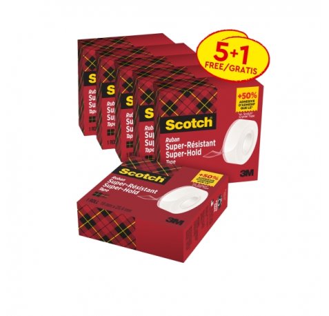 Scotch Super-Hold Pack de 6Â Cintas Adhesivas - Extrafuerte - 19mm x 25.4m - Promocion 5 + 1 Gratis - Color Transparente