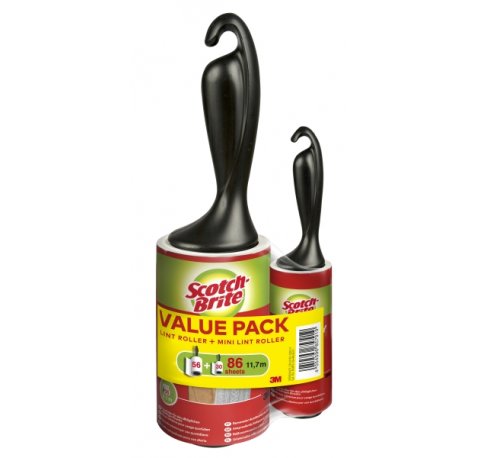 Scotch-Brite Everyday Clean Rodillo Quitapelusas Adhesivo - 56 Hojas - Incluye Rodillo Mini para Uso Diario de 30 Hojas - Color Negro