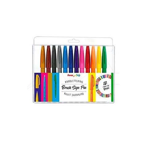 Pentel Brush Sing Pen Pack de 12 Rotuladores con Punta de Pincel - Lineas Finas o Gruesas dependiendo de la Presion - Fabricados con 81% de Plasticos Recicldos - Colores Vivos Surtidos