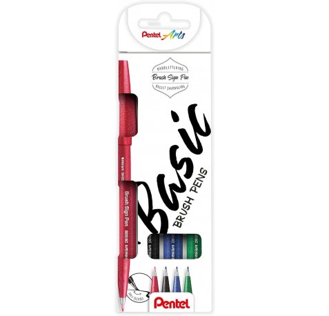 Pentel Brush Sing Pen Basic Pack de 4 Rotuladores con Punta de Pincel - Lineas Finas o Gruesas dependiendo de la Presion - Fabricados con 81% de Plasticos Recicldos - Colores Negro, Azul, Rojo y Verde