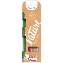 Pentel Brush Sing Pen Nature Pack de 4 Rotuladores con Punta de Pincel - Lineas Finas o Gruesas dependiendo de la Presion - Fabricados con 81% de Plasticos Recicldos - Colores Verde Oliva, Rojo Burgundy, Marron Claro y Gris Claro