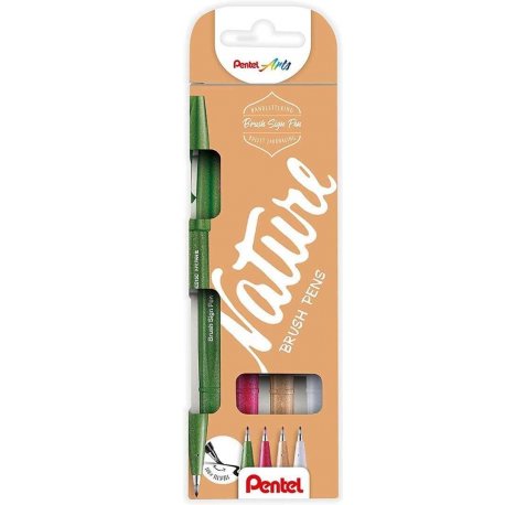 Pentel Brush Sing Pen Nature Pack de 4 Rotuladores con Punta de Pincel - Lineas Finas o Gruesas dependiendo de la Presion - Fabricados con 81% de Plasticos Recicldos - Colores Verde Oliva, Rojo Burgundy, Marron Claro y Gris Claro