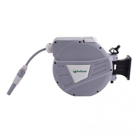 Sungarden SG0164 Manguera 10 Metros - Recogedor Automatico con Guia - Soporte Para Instalacion en Pared - Giro 180 - Color Gris