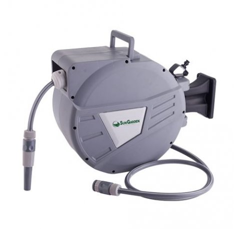 Sungarden SG0165 Manguera 20 Metros - Recogedor Automatico con Guia - Funcion de Retraccion Lenta - Soporte Para Instalacion en Pared - Giro 180 - Color Gris