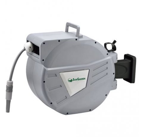 Sungarden SG0166 Manguera 30 Metros - Recogedor Automatico con Guia - Funcion de Retraccion Lenta - Soporte Para Instalacion en Pared - Giro 180 - Color Gris