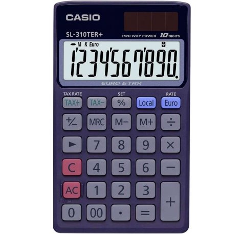 Casio SL-310TER+ Calculadora de Bolsillo - Pantalla LC Extragrande de 10 Digitos - Funcion Conversor de Euros - Color Azul Oscuro