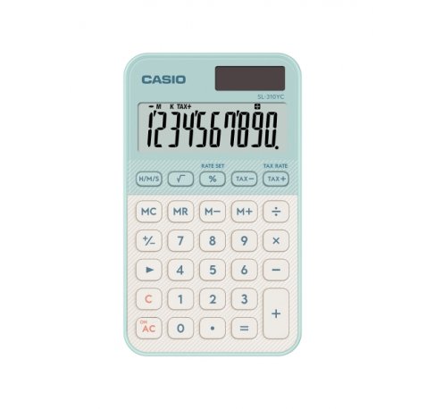Casio SL-310YC Calculadora de Bolsillo con Pantalla LCD de 10 Digitos - Calculo de Impuestos - Alimentacion Solar y Pilas - Compacta y Ligera - Color Verde Claro/Blanco