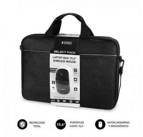 Subblim Maletin Select Pack con Raton Wireless - hasta 156 Pulgadas - Interior Acolchado y Reforzado - Compartimento Separado para El Portatil - Raton Inalambrico Ergonomico y Extraplano - Sensor Optico de 1200 dpi - Color Negro
