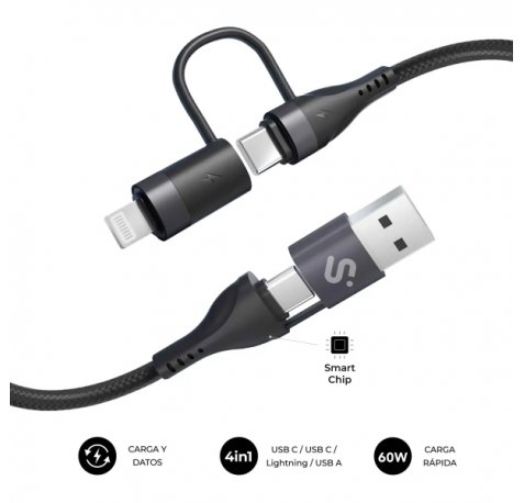 Subblim Cable Top 4 en 1 - USB-A USB-C Lightning - 60W - Nylon Trenzado - Carga Rapida - 1 Metro