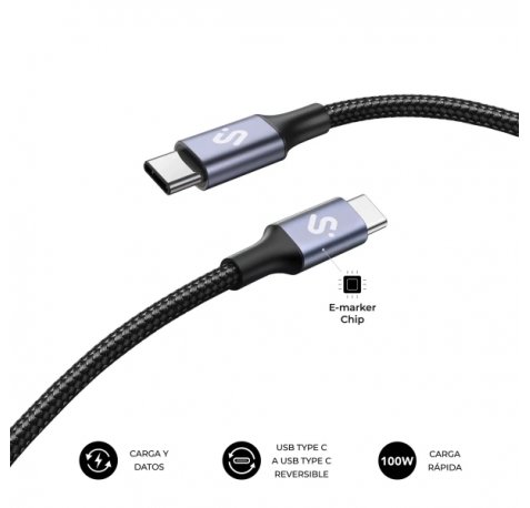Subblim Cable Plus USB-C - 100W - Nylon Trenzado - 480Mbps - Chip E-Marker - 1 Metro - Color Negro