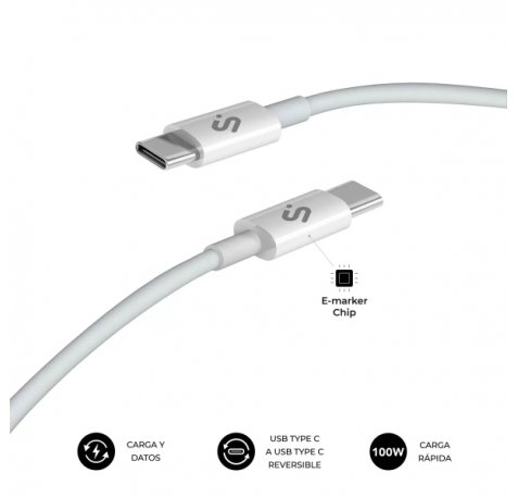 Subblim Cable Plus USB-C - 100W - Nylon Trenzado - 480Mbps - Chip E-Marker - 2 Metros - Color Blanco