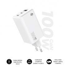 Subblim Cargador de Pared GaN 100W - 3 Puertos (2xUSB-C + 1xUSB-A) -  Carga ultra rÃ¡pida - Color Blanco