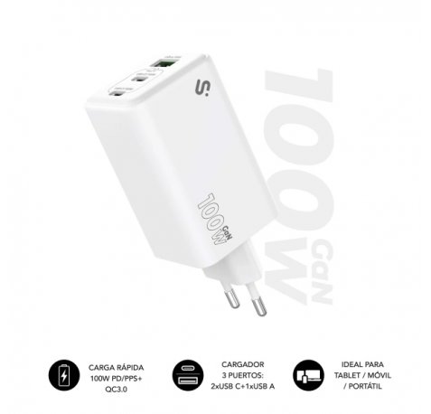 Subblim Cargador de Pared GaN 100W - 3 Puertos (2xUSB-C + 1xUSB-A) -  Carga ultra rÃ¡pida - Color Blanco