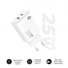 Subblim Cargador de Pared GaN 25W - 2xUSB-C -  Carga rÃ¡pida - Color Blanco