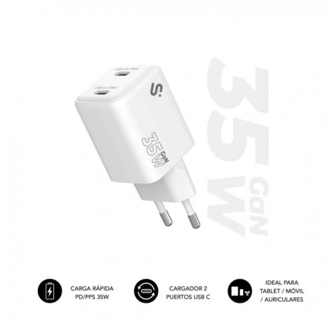 Subblim Cargador de Pared GaN 35W - 2xUSB-C -  Carga rÃ¡pida - Color Blanco