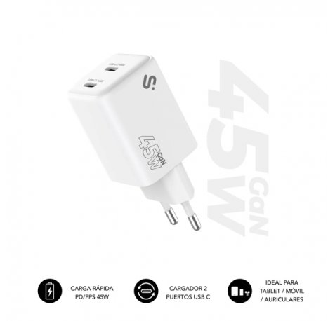 Subblim Cargador de Pared GaN 45W - 2xUSB-C -  Carga Ultra rÃ¡pida - Color Blanco