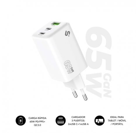 Subblim Cargador de Pared GaN 65W - 3 Puertos (2xUSB-C + 1xUSB-A) -  Carga ultra rÃ¡pida - Color Blanco