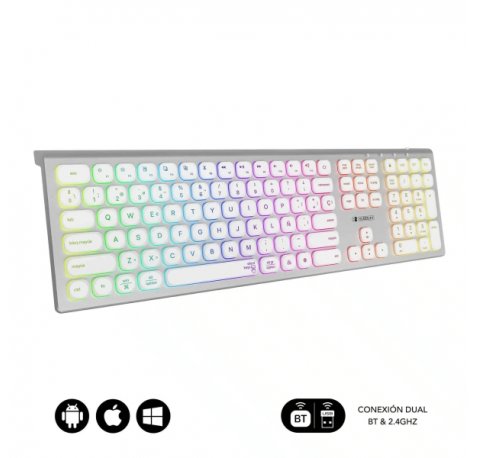Subblim Teclado Inalambrico Master - Bluetooth y 2.4G - Iluminado - Teclas Ergonomicas de Bajo Perfil - Color Blanco Plata