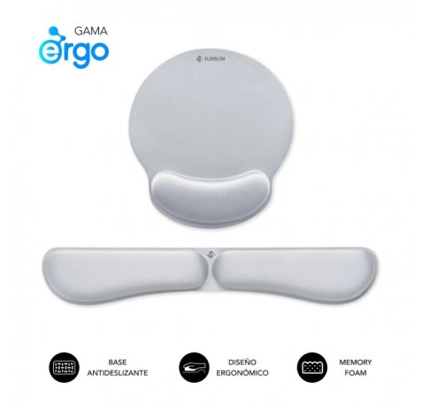 Subblim Pack Ergo MemoryFlex Alfombrilla Ergonomica para Raton y ReposamuÃ±ecas Teclado - Espuma Elastica - Microtexturizada Impermeable - Base Antideslizante - Color Plata