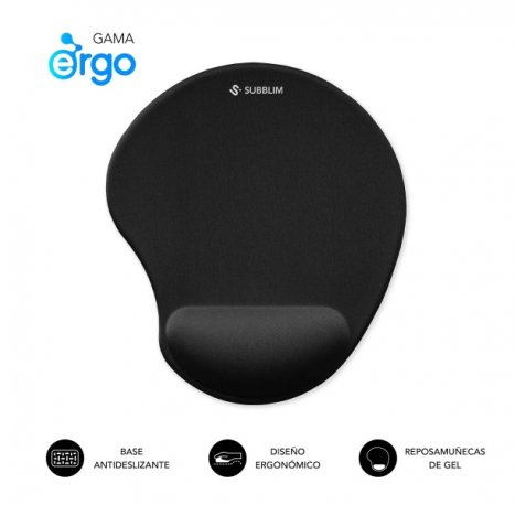 Subblim Ergo Neogel Alfombrilla Ergonomica para Raton - Espuma Elastica - Microtexturizada Impermeable - Base Antideslizante - Color Negro