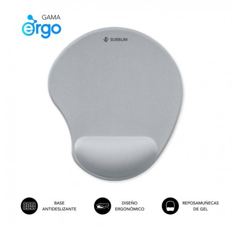 Subblim Ergo Neogel Alfombrilla Ergonomica para Raton - Espuma Elastica - Microtexturizada Impermeable - Base Antideslizante - Color Plata