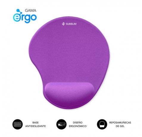 Subblim Ergo Neogel Alfombrilla Ergonomica para Raton - Espuma Elastica - Microtexturizada Impermeable - Base Antideslizante - Color Lila