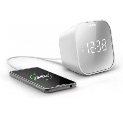 Philips Radio Reloj Despertador FM con Cargador USB - Pantalla LED con Acabado Espejo - Temporizador - Funcion de Repeticion - 11x11x7.5cm - Color Blanco