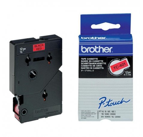 Brother TC401 Cinta Laminada Original para Rotuladora - Texto negro rojo | Cinta laminada original para rotuladora - texto negro sobre fondo rojo - ancho x 7 metros