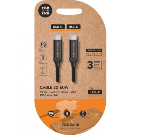 TechOneTech Cable USB-C Macho a USB-C Macho 1m - Recubierto de Nylon Trenzado Negro