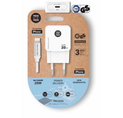 TechOneTech Cargador de Pared UltrarrÃ¡pido GaN 20w Blanco + Cable Apple