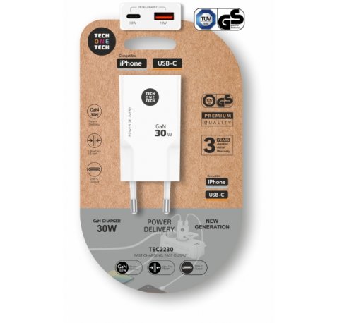 TechOneTech Cargador Doble de Pared UltrarrÃ¡pido GaN 30w USB-C+USB-A Blanco
