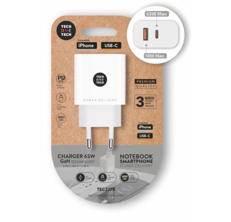 TechOneTech Cargador de Pared PD 65W con 1 Puerto USB-C + 1 Puerto USB-A