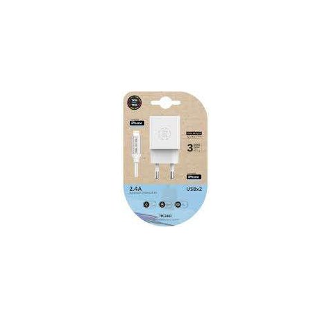 TechOneTech Cargador Doble de Pared + Cable USB-A a Lightning 1m - Recubierto de Nylon Trenzado