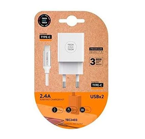 TechOneTech Cargador Doble de Pared + Cable USB-A a USB-C 1m - Recubierto de Nylon Trenzado