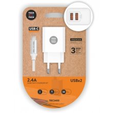 TechOneTech Cargador Doble de Pared + Cable USB-A a USB-C 1m - Recubierto de Nylon Trenzado Blanco