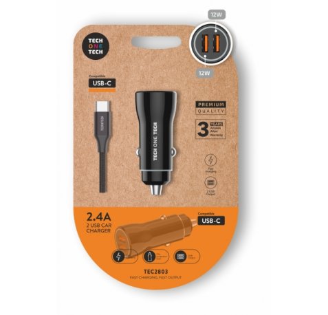 TechOneTech Cargador Doble de Coche + Cable USB-A a USB-C - Alto Rendimiento