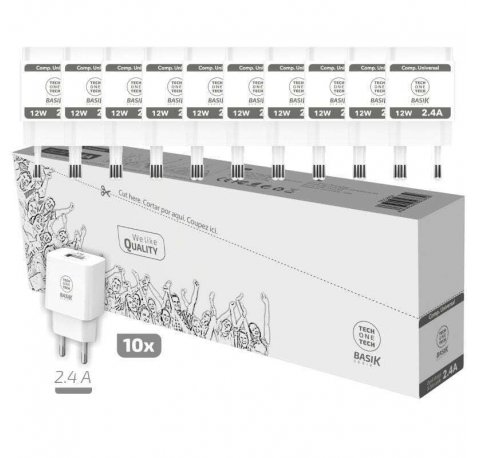 TechOneTech Basik Pack de 10 Cargadores de Pared 1 Puerto USB 12W