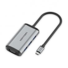 Vention Estacion de Docking 5 en 1 - Cable USB-C de 15cm Integrado - HDMI 4K - USB-C - 3xUSB-A - VGA - Power Delivery - Color Gris