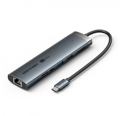 Vention Estacion de Docking 8 en 1 - 100W - Cable USB-C de 15cm Integrado - Ethernet RJ45 - HDMI 4K - 2xUSB-C - Tarjeta TF - SD - 2xUSB-A - Power Delivery - Color Gris