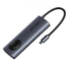 Vention Estacion de Docking 6 en 1 - 100W - Cable USB-C de 15cm Integrado - HDMI 4K - 2xUSB-C - 2xUSB-A - Power Delivery - Cargador Inalambrico - Color Gris